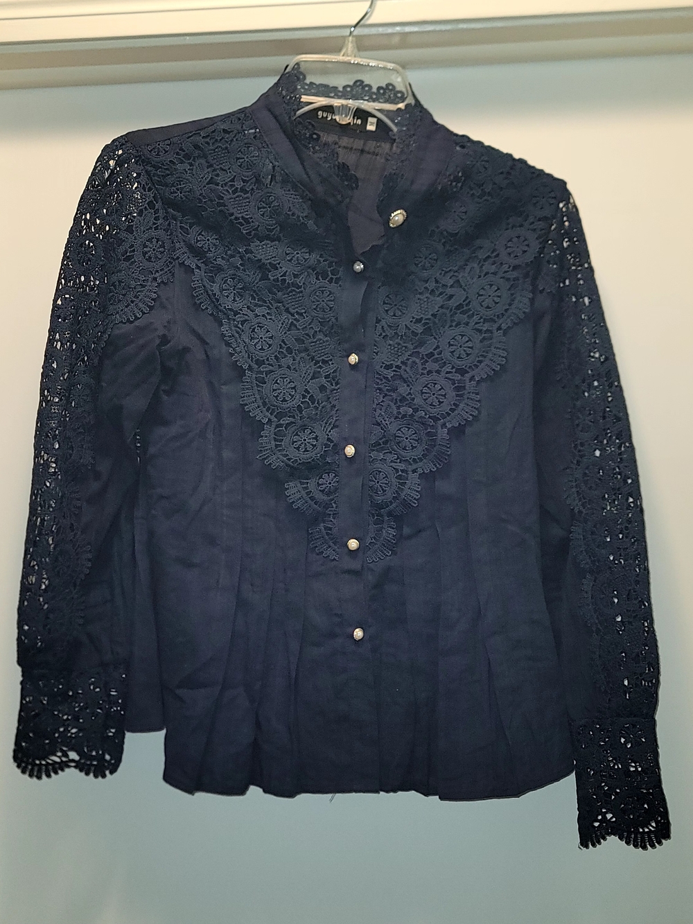 Lace Yoke Navy Blouse - Women's Button-Up Top